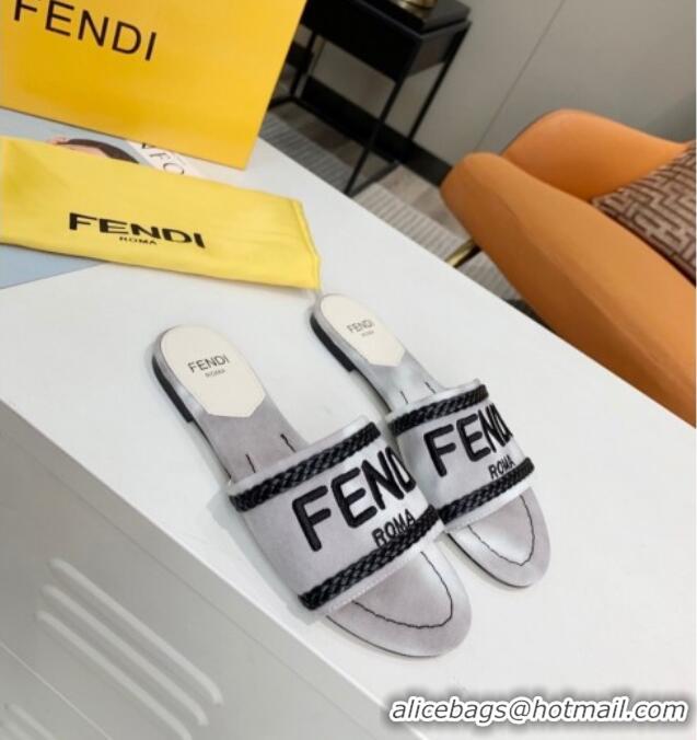 Popular Style Fendi Flat Slide Sandals in Silver Embroidered Silk with Braid Charm 121944