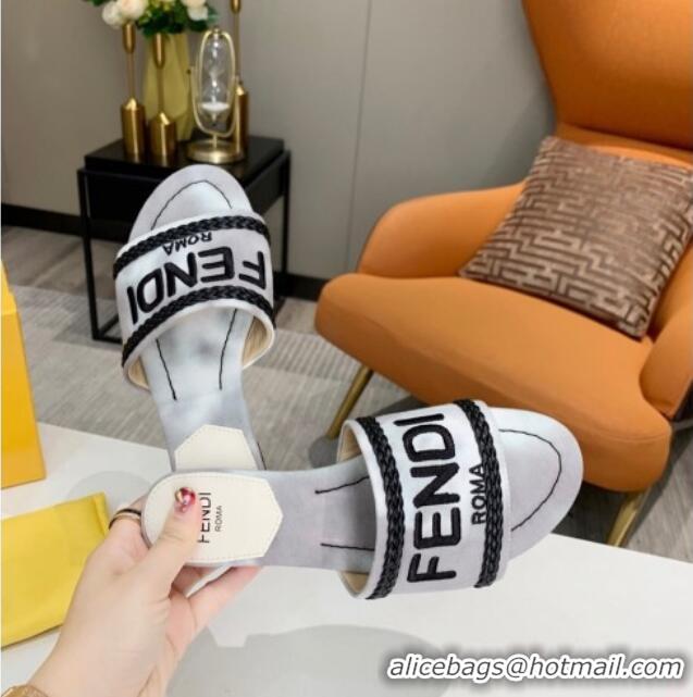 Popular Style Fendi Flat Slide Sandals in Silver Embroidered Silk with Braid Charm 121944