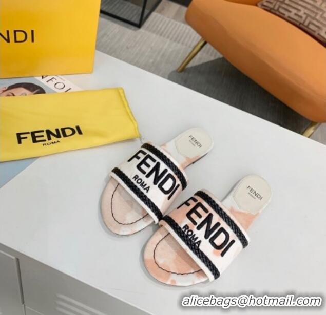 Top Design Fendi Flat Slide Sandals in Silver Embroidered Pink with Braid Charm 121945