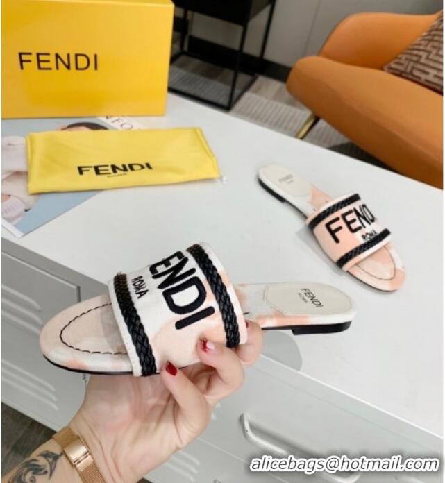 Top Design Fendi Flat Slide Sandals in Silver Embroidered Pink with Braid Charm 121945