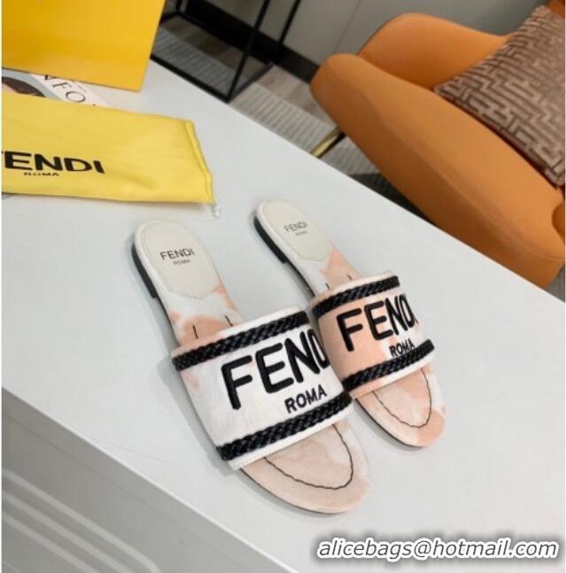 Top Design Fendi Flat Slide Sandals in Silver Embroidered Pink with Braid Charm 121945