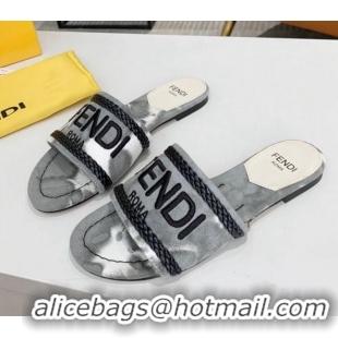 Super Quality Fendi Flat Slide Sandals in Silver Embroidered Grey with Braid Charm 121946