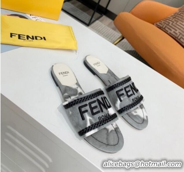 Super Quality Fendi Flat Slide Sandals in Silver Embroidered Grey with Braid Charm 121946