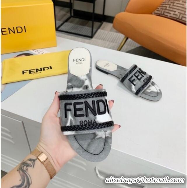 Super Quality Fendi Flat Slide Sandals in Silver Embroidered Grey with Braid Charm 121946