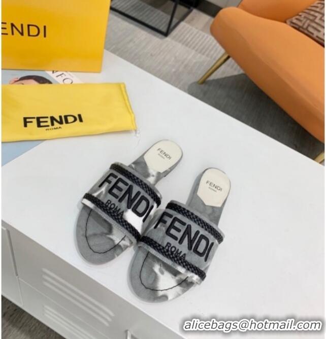 Super Quality Fendi Flat Slide Sandals in Silver Embroidered Grey with Braid Charm 121946