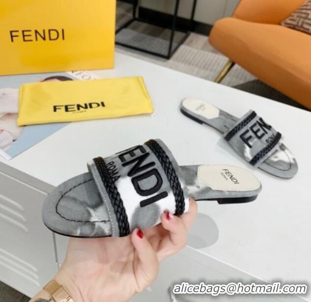 Super Quality Fendi Flat Slide Sandals in Silver Embroidered Grey with Braid Charm 121946