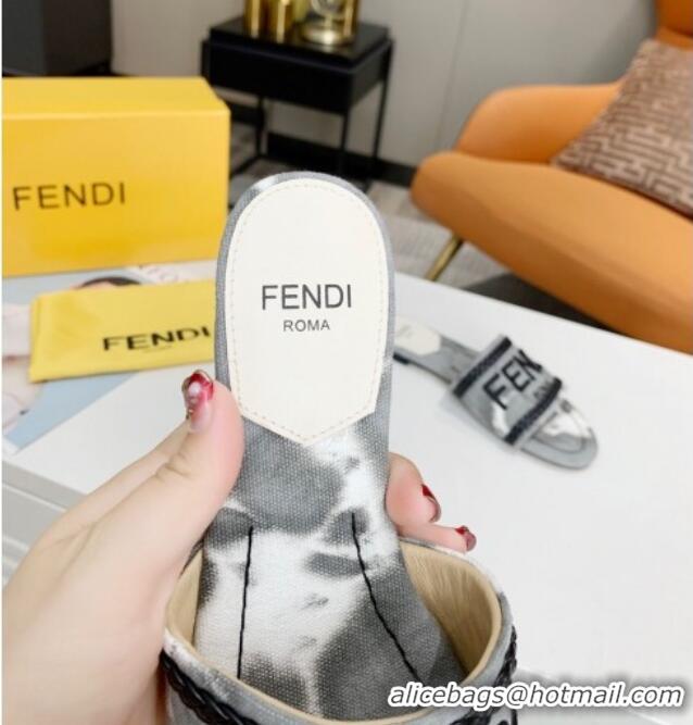 Super Quality Fendi Flat Slide Sandals in Silver Embroidered Grey with Braid Charm 121946