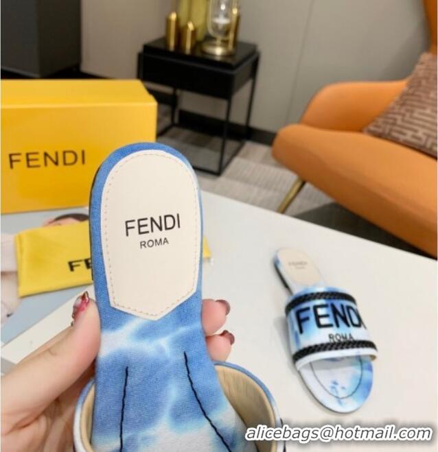 Low Price Fendi Flat Slide Sandals in Silver Embroidered Blue with Braid Charm 121947