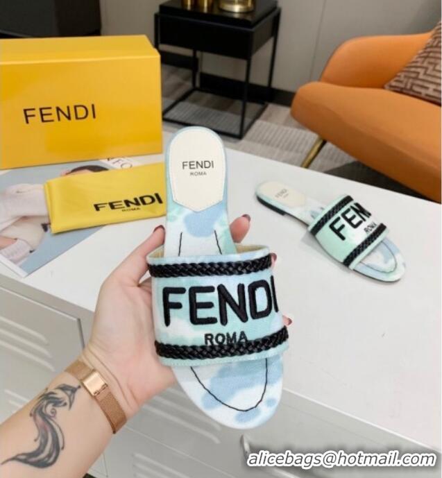 Purchase Fendi Flat Slide Sandals in Silver Embroidered Green with Braid Charm 121948