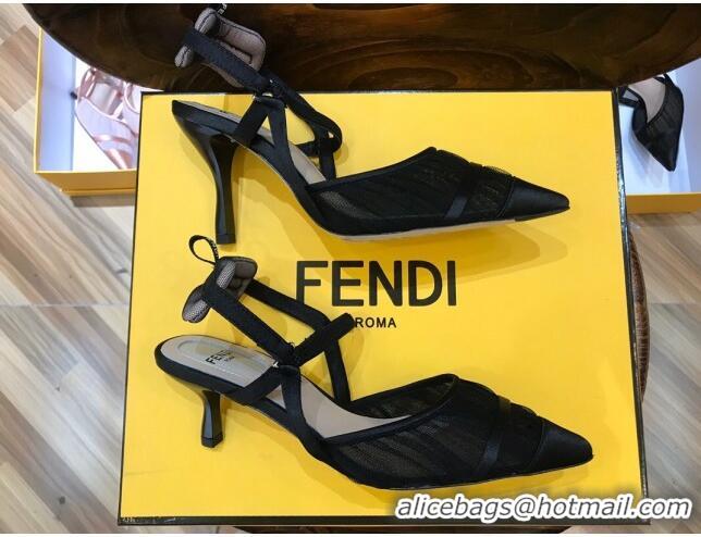 Good Quality Fendi Colibri Slingback in Black Tulle and Satin Mesh 55mm 22115