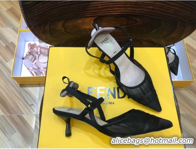 Good Quality Fendi Colibri Slingback in Black Tulle and Satin Mesh 55mm 22115