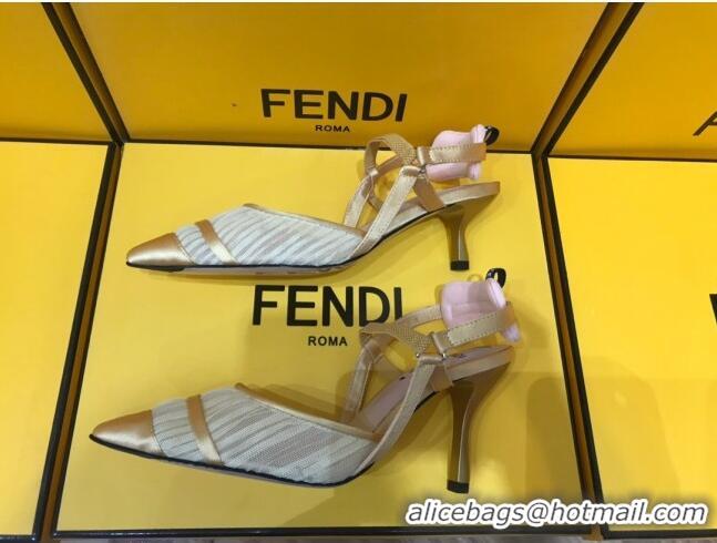 Best Luxury Fendi Colibri Slingback in Champagne Gold Tulle and Satin Mesh 55mm 22118