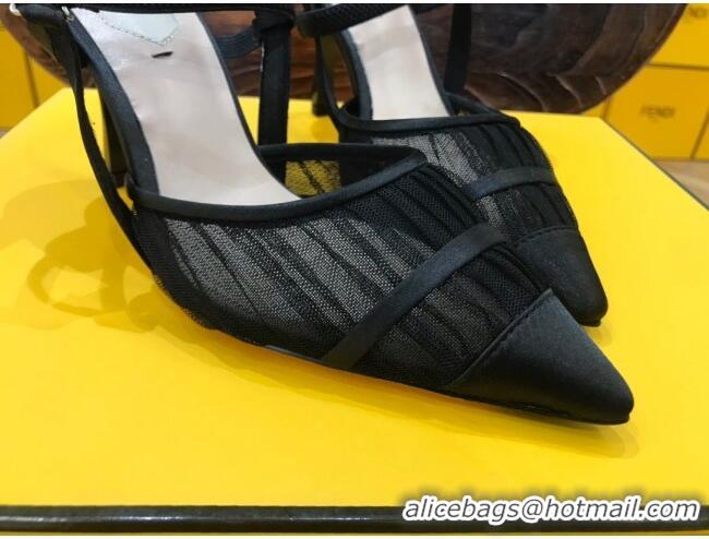 Best Design Fendi Colibri Slingback in Black Tulle and Satin Mesh 85mm 22122 