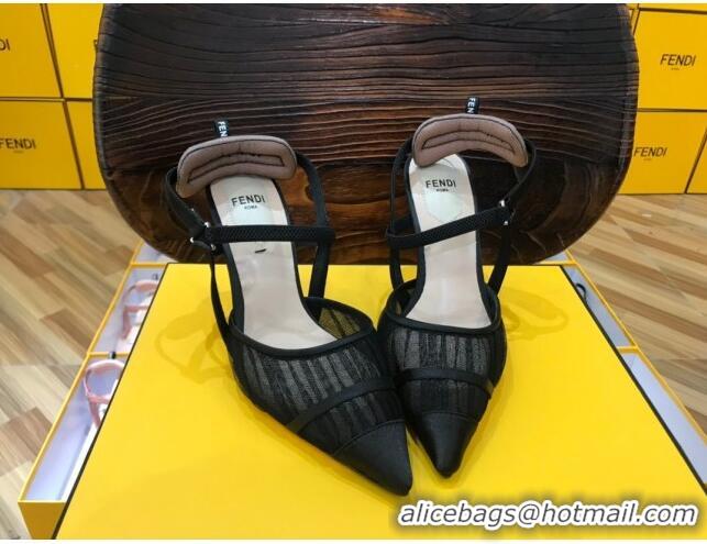 Best Design Fendi Colibri Slingback in Black Tulle and Satin Mesh 85mm 22122 