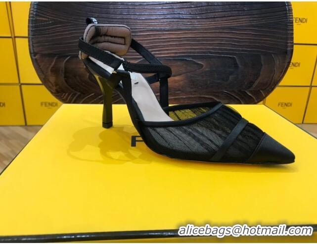 Best Design Fendi Colibri Slingback in Black Tulle and Satin Mesh 85mm 22122 