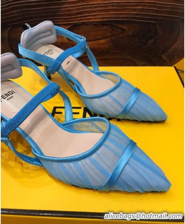 New Design Fendi Colibri Strap Slingback in Blue Tulle Mesh 55mm 122125