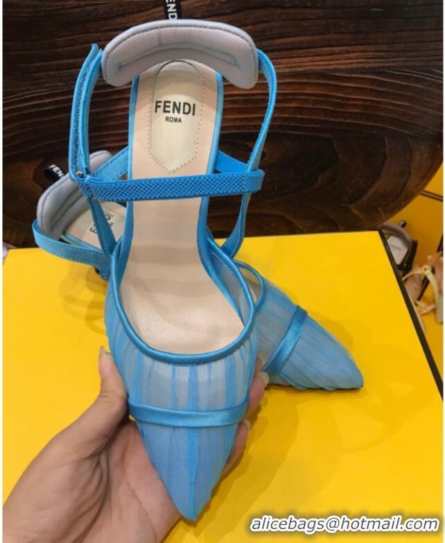 New Design Fendi Colibri Strap Slingback in Blue Tulle Mesh 55mm 122125