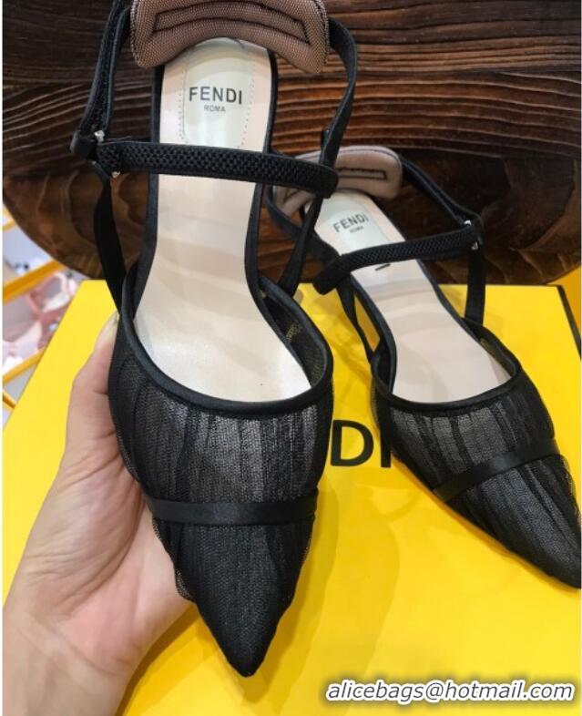 Cheap Price Fendi Colibri Strap Slingback in Black Tulle Mesh 55mm 122127