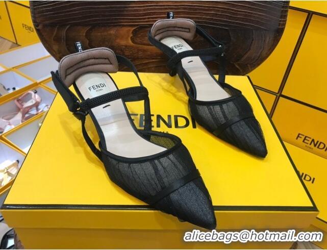 Cheap Price Fendi Colibri Strap Slingback in Black Tulle Mesh 55mm 122127