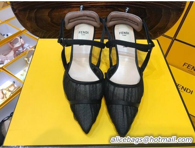 Cheap Price Fendi Colibri Strap Slingback in Black Tulle Mesh 55mm 122127