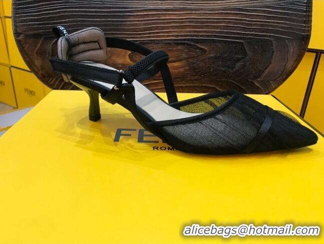 Cheap Price Fendi Colibri Strap Slingback in Black Tulle Mesh 55mm 122127