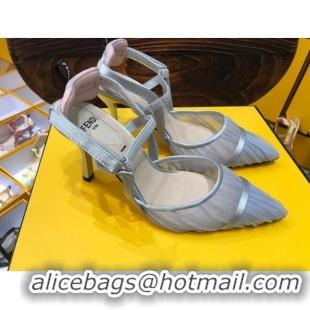 Good Quality Fendi Colibri Strap Slingback in Grey Tulle Mesh 85mm 122131