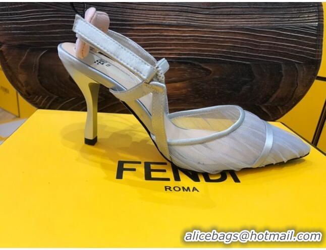 Good Quality Fendi Colibri Strap Slingback in Grey Tulle Mesh 85mm 122131