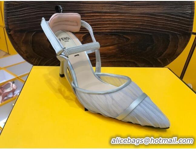 Good Quality Fendi Colibri Strap Slingback in Grey Tulle Mesh 85mm 122131