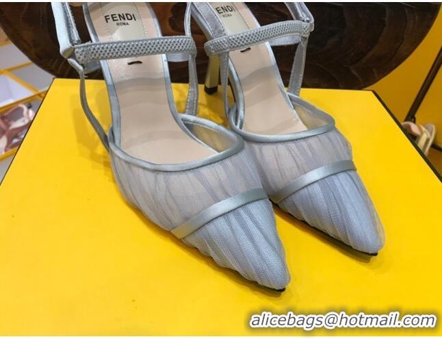 Good Quality Fendi Colibri Strap Slingback in Grey Tulle Mesh 85mm 122131