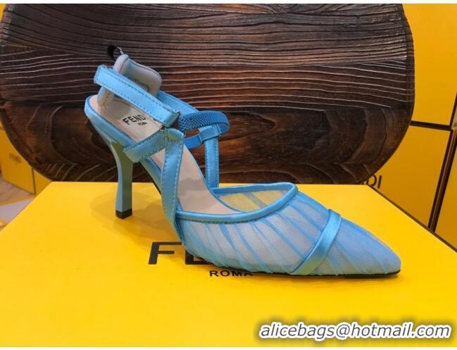 Most Popular Fendi Colibri Strap Slingback in Blue Tulle Mesh 85mm 122132