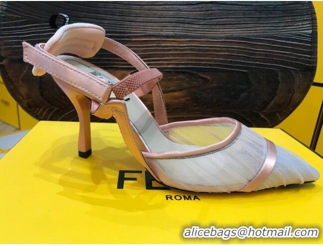 Top Quality Fendi Colibri Strap Slingback in Pink Tulle Mesh 85mm 122133