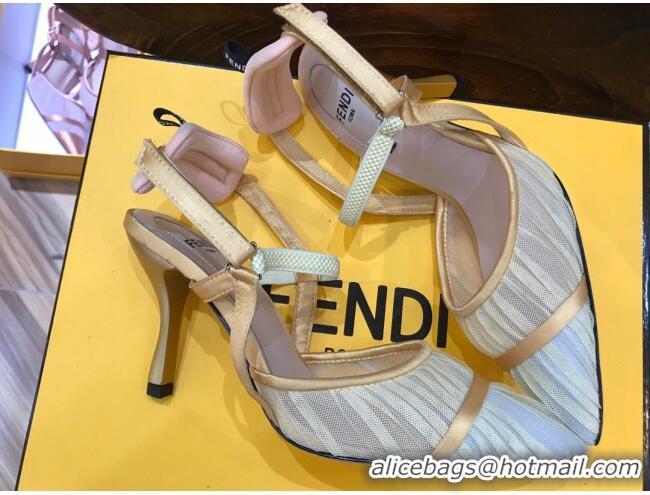 Cute Fendi Colibri Strap Slingback in Champagne Gold Tulle Mesh 85mm 122134