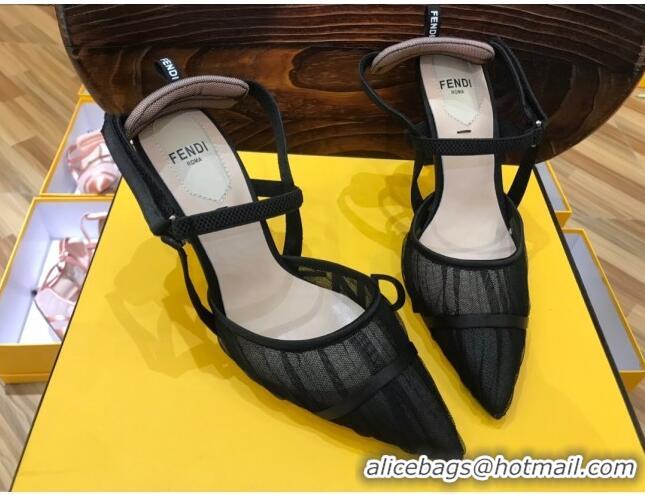 Best Price Fendi Colibri Strap Slingback in Black Tulle Mesh 85mm 122135