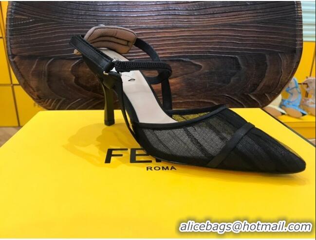 Best Price Fendi Colibri Strap Slingback in Black Tulle Mesh 85mm 122135