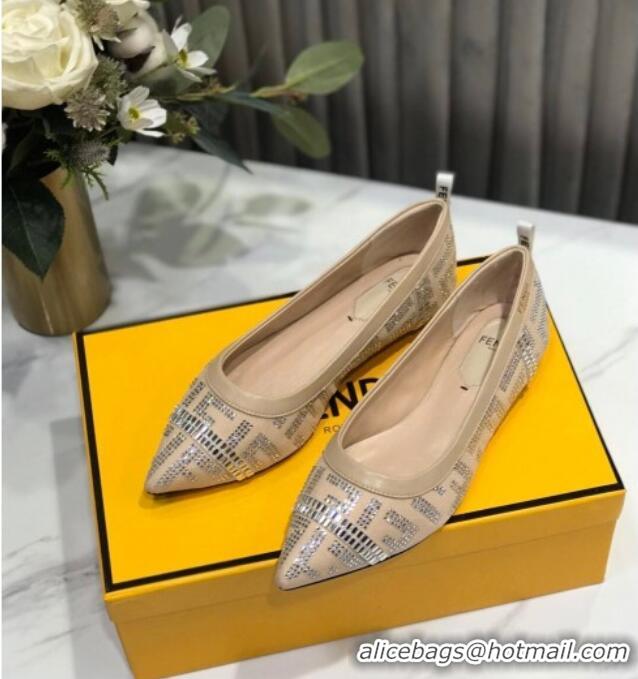 Luxury Cheap Fendi Colibri Crystal Fabric Flat Ballerinas Nude 122157