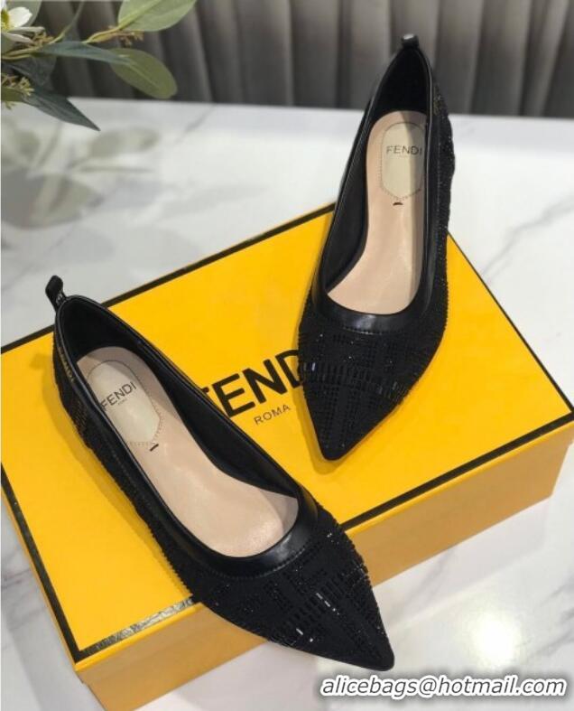 Shop Duplicate Fendi Colibri Crystal Fabric Flat Ballerinas Black 122160