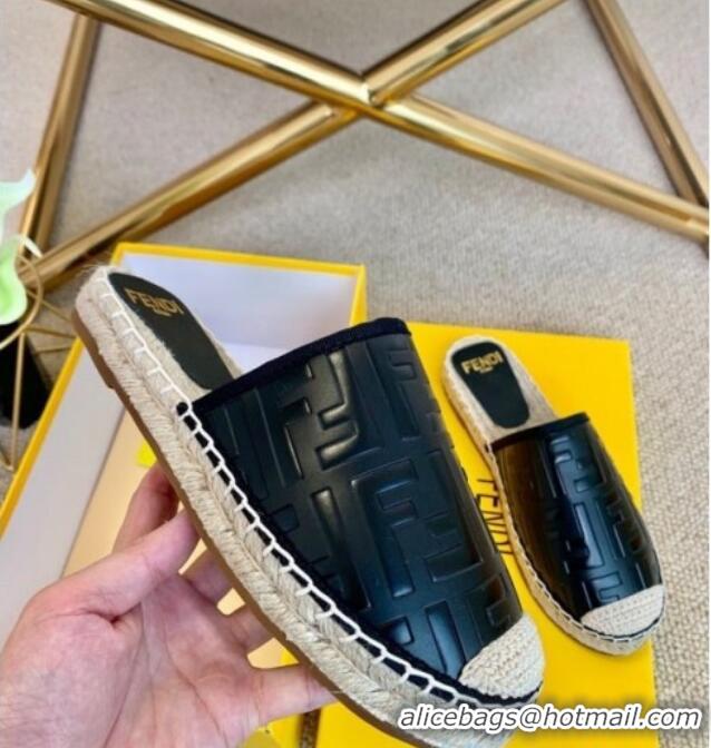 Top Sale Fendi Giant FF Leather Flat Espadrille Mules Black 122229