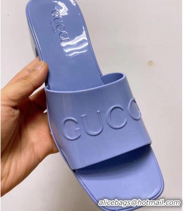 Best Luxury Gucci TPU Slide Sandal With 5.5cm Heel 101963 Blue 2021