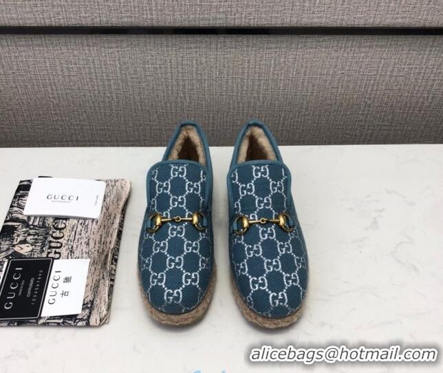 New Style Gucci Silver GG Lamé Wool Flat Loafers 575850 Blue