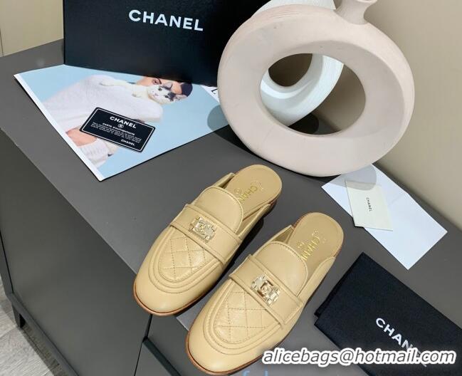 Unique Grade Chanel Boy Calfskin Flat Mules Apricot 102103