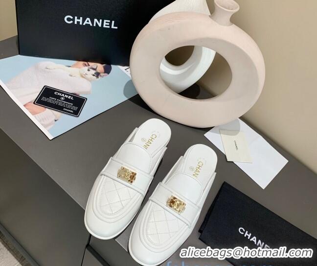 Best Price Chanel Boy Calfskin Flat Mules 102103 White