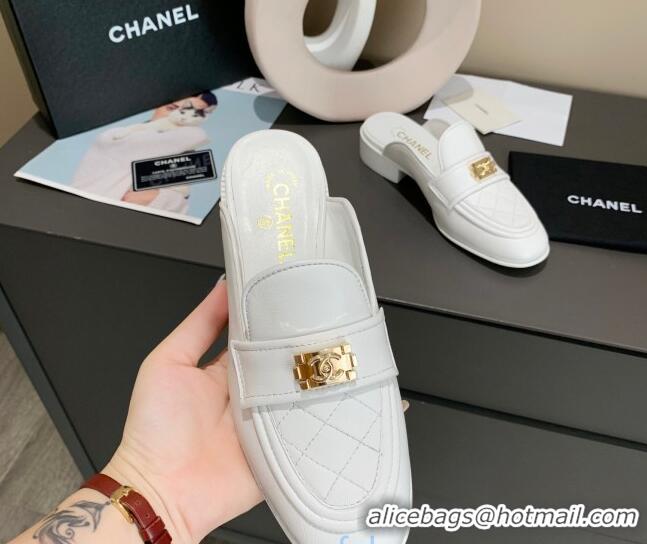 Best Price Chanel Boy Calfskin Flat Mules 102103 White