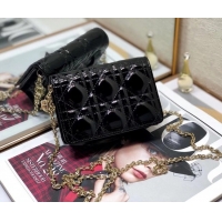 Reasonable Price LADY DIOR 5-GUSSET CARD HOLDER WITH CHAIN Patent Cannage Calfskin S0859 black