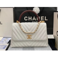 Unique Discount Chanel flap bag with red top handle V92991 white