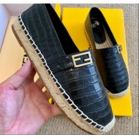 Best Product Fendi Crocodile Embossed Leather Espadrilles with FF Metal Buckle 72003 Black