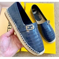  Good Taste Fendi Crocodile Embossed Leather Espadrilles with FF Metal Buckle 72003 Blue