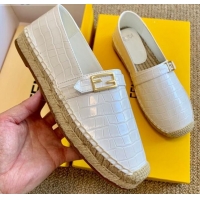 Popular Style Fendi Crocodile Embossed Leather Espadrilles with FF Metal Buckle 72003 White