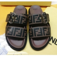 Top Grade Fendi FF Leather Flat Slide Sandals 72007 Brown/Black 2020