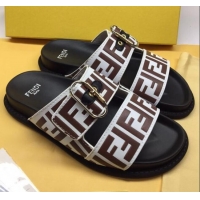 Good Quality Fendi FF Leather Flat Slide Sandals 72007  White/Brown 2020