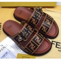 Pretty Style Fendi FF Leather Flat Slide Sandals 72007 Coffee Brown 2020